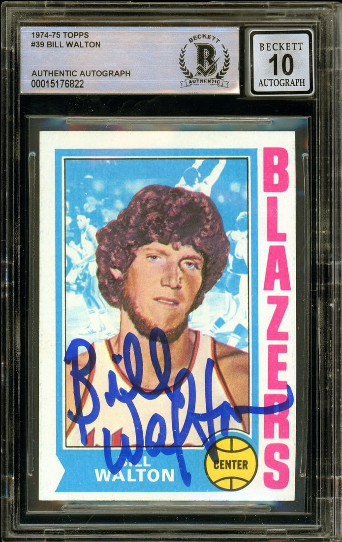 1974-75 Topps Bill Walton RC Autographed Card #39 Portland Trail Blazers: 1974-75 Topps Bill Walton RC Autographed Card #39 Portland Trail Blazers This is a vintage 1974-75 Topps #39 Bill Walton rookie card, featuring an authentic hand-signed autograph by the legendary play