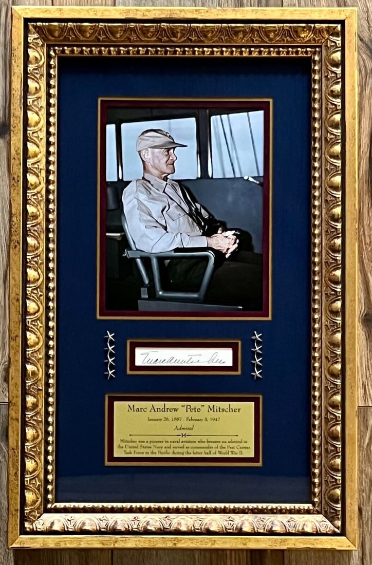 Framed WWII Admiral Marc Mitscher Signed Display 22" x 14" JSA Authenticated: Framed WWII Admiral Marc Mitscher Signed Display 22" x 14" JSA Authenticated This impressive custom framed display features the signature of WWII Admiral Marc A. Mitscher, who played a pivotal role as