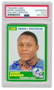 Barry Sanders Signed Lions 1989 Score Rookie Card #257 PSA Slabbed: Barry Sanders Signed Lions 1989 Score Rookie Card #257 PSA Slabbed This is a Barry Sanders autographed Detroit Lions 1989 Score Rookie Card #257, preserved in a PSA-encapsulated slab. The card, a