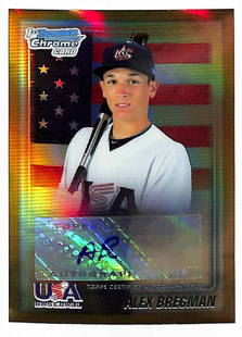 Alex Bregman 2011 Bowman Chrome Gold Refractor 42/50 Autographed RC: Alex Bregman 2011 Bowman Chrome Gold Refractor 42/50 Autographed RC This Alex Bregman 2011 Bowman Chrome USA5 Gold Refractor is a rare collectible, featuring a limited edition of 42 out of 50. It is