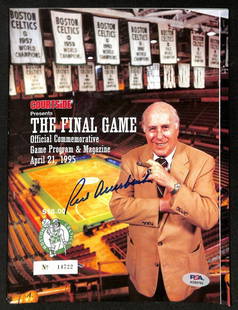 Red Auerbach Signed 1995 Final Game Program Boston Gardens PSA/DNA: Red Auerbach Signed 1995 Final Game Program Boston Gardens PSA/DNA Celebrate basketball history with this original 1995 program from Red Auerbach's final game at the Boston Gardens. This signed