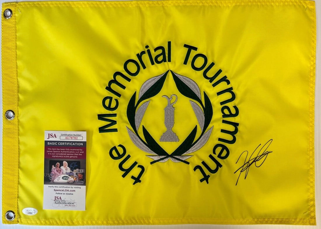 Hideki Matsuyama Signed Memorial Tournament Pin Flag JSA AL78702: Hideki Matsuyama Signed Memorial Tournament Pin Flag JSA AL78702 Celebrate the legacy of golf with this official pin flag from The Memorial Tournament, signed by PGA star Hideki Matsuyama. This unique