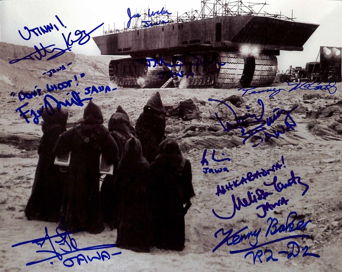 Star Wars Jawa Sandcrawler 8x10 Photo Autographed by 10 Actors Beckett LOA: Star Wars Jawa Sandcrawler 8x10 Photo Autographed by 10 Actors Beckett LOA This stunning 8x10 color photograph features the iconic Jawa Sandcrawler from Star Wars: A New Hope, autographed by ten actor
