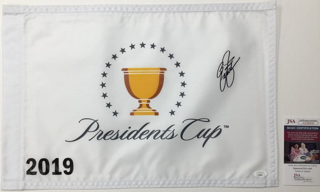 Rickie Fowler Signed 2019 President's Cup Pin Flag JSA Authenticated: Rickie Fowler Signed 2019 President's Cup Pin Flag JSA Authenticated This is an original signed pin flag from The President's Cup 2019, featuring the autograph of renowned PGA golfer Rickie Fowler. Th