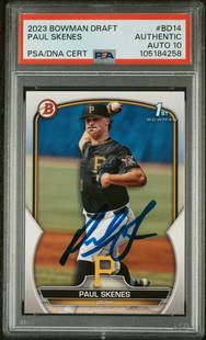 2023 Topps Bowman Draft Paul Skenes RC PSA 10 Autographed Baseball Card: 2023 Topps Bowman Draft Paul Skenes RC PSA 10 Autographed Baseball Card This is a graded 2023 Topps Bowman Draft Paul Skenes #BD14 rookie baseball card featuring a PSA 10 rating. The card is authentic
