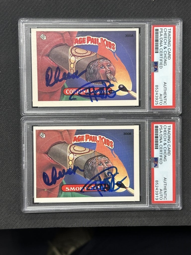 Cheech & Chong Dual Autographed Garbage Pail Kids Cards PSA JSA: Cheech & Chong Dual Autographed Garbage Pail Kids Cards PSA JSA This listing features a pair of original Cheech & Chong autographed Garbage Pail Kids cards, specifically Smoky Joe and Corrina Corona. 