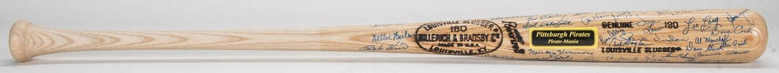 Pittsburgh Pirates Signed Bat 50+ Autographs Beckett COA: Pittsburgh Pirates Signed Bat 50+ Autographs Beckett COA This authentic Hillerich & Bradsby bat features the signatures of over 50 legendary Pittsburgh Pirates players, including Hall of Famers