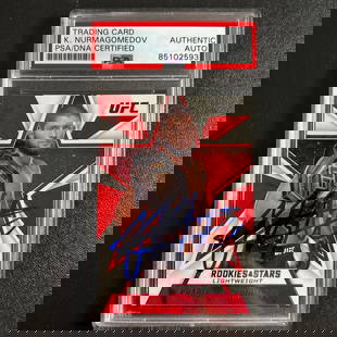 2021 Panini Chronicles Khabib Nurmagomedov Signed Card PSA/DNA Authentic: 2021 Panini Chronicles Khabib Nurmagomedov Signed Card PSA/DNA Authentic This 2021 Panini Chronicles Rookies & Stars #81 card features a bold autograph from renowned MMA fighter Khabib Nurmagomedov.