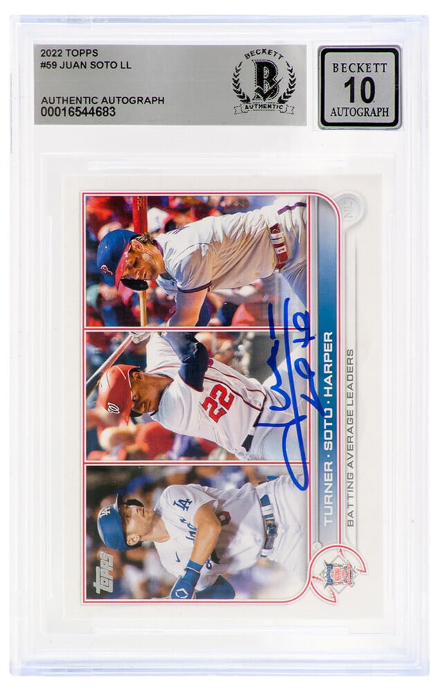 Juan Soto Signed 2022 Topps Leaders Card #59 Beckett Auto 10: Juan Soto Signed 2022 Topps Leaders Card #59 Beckett Auto 10 This is a Juan Soto signed Washington Nationals 2022 Topps batting average leaders baseball trading card #59. The card features the autogra