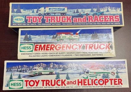 Lot of 3 Unopened Hess Toy Trucks 1995 1996 1997 Gas & Oil: Lot of 3 Unopened Hess Toy Trucks 1995 1996 1997 Gas & Oil This lot includes three Hess toy trucks from the years 1995, 1996, and 1997, all of which are unopened and in new condition, housed in
