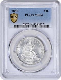 1885 Liberty Seated Silver Half Dollar MS64 PCGS Uncirculated: 1885 Liberty Seated Silver Half Dollar MS64 PCGS Uncirculated This 1885 Liberty Seated Silver Half Dollar, certified by PCGS as MS64, is a remarkable addition for any numismatic collection. This