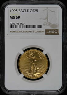 1993 Eagle G$25 Coin NGC MS69 Certified Collectible: 1993 Eagle G$25 Coin NGC MS69 Certified Collectible This 1993 Eagle G$25 coin is certified by NGC with a remarkable grade of MS69, indicating its excellent condition. The coin is a stunning