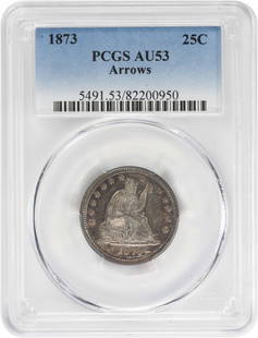 1873 Liberty Seated Quarter AU53 PCGS 90% Silver Philadelphia Mint: 1873 Liberty Seated Quarter AU53 PCGS 90% Silver Philadelphia Mint This 1873 Liberty Seated Quarter, graded AU53 by PCGS, features a stunning design by Robert Ball Hughes and Christian Gobrecht.