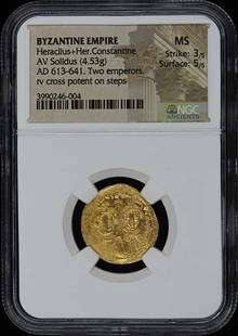 Constantine Heraclius Byzantine Empire Gold Solidus NGC MS Certified: Constantine Heraclius Byzantine Empire Gold Solidus NGC MS Certified This exquisite gold solidus features the profile of Emperor Heraclius from the Byzantine Empire, showcasing its historical