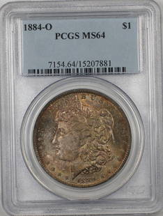 1884-O Morgan Silver Dollar PCGS MS 64 Uncirculated Silver Coin: 1884-O Morgan Silver Dollar PCGS MS 64 Uncirculated Silver Coin This 1884-O Morgan Silver Dollar is a remarkable $1 coin certified by PCGS with a grade of MS 64. Struck in New Orleans, this