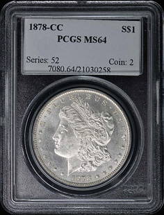 1878-CC Morgan Dollar PCGS MS64 Uncirculated Coin: 1878-CC Morgan Dollar PCGS MS64 Uncirculated Coin This 1878-CC Morgan Dollar is a stunning example of numismatic craftsmanship, graded MS64 by PCGS, which indicates it is in uncirculated condition.