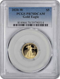 2020-W American Gold Eagle PR70DCAM PCGS Proof Coin 1/10 oz: 2020-W American Gold Eagle PR70DCAM PCGS Proof Coin 1/10 oz This stunning 2020-W $5 American Gold Eagle is a premium proof coin, graded PR70DCAM by PCGS, showcasing its flawless finish and