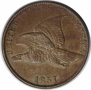 1857 Flying Eagle Cent AU Coin James Barton Longacre: 1857 Flying Eagle Cent AU Coin James Barton Longacre This 1857 Flying Eagle Cent is a captivating piece of American numismatic history. Struck in Philadelphia, this small cent features the iconic