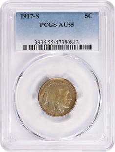 1917-S Buffalo Nickel AU55 PCGS by James Earle Fraser: 1917-S Buffalo Nickel AU55 PCGS by James Earle Fraser This 1917-S Buffalo Nickel, graded AU55 by PCGS, showcases the artistic design by James Earle Fraser. Minted in San Francisco, this coin is