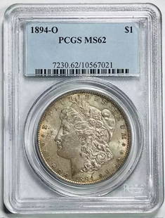1894 O Morgan Silver Dollar Certified PCGS MS62 Uncirculated: 1894 O Morgan Silver Dollar Certified PCGS MS62 Uncirculated This 1894 O Morgan Silver Dollar is a remarkable piece certified by PCGS with a grade of MS 62. The coin is composed of silver and