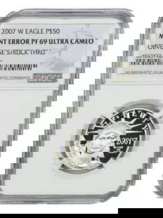 2007-W $50 Statue of Liberty NGC PR69DCAM Mint Error Coin: 2007-W $50 Statue of Liberty NGC PR69DCAM Mint Error Coin This stunning 2007-W $50 Statue of Liberty coin features a Mint Error with an obverse struck through, graded PR69DCAM by NGC. This