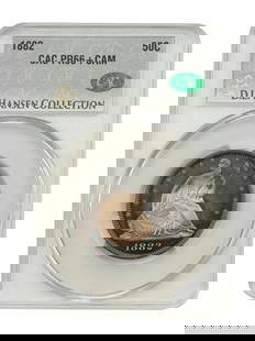 1882 Liberty Seated Half Dollar PR66+CAM CACG Certified Rare Proof: 1882 Liberty Seated Half Dollar PR66+CAM CACG Certified Rare Proof This exquisite 1882 Liberty Seated Half Dollar showcases a remarkable cameo effect, enhanced by deep rainbow toning enveloping both
