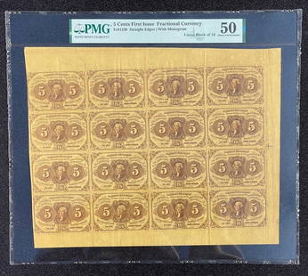 PMG AU50 First Issue 5 Cents Fractional Currency Sheet Fr# 1230 16 Notes: PMG AU50 First Issue 5 Cents Fractional Currency Sheet Fr# 1230 16 Notes This First Issue 5 Cents Fractional Currency Sheet, cataloged as Fr# 1230, showcases 16 notes certified by PMG with a grade