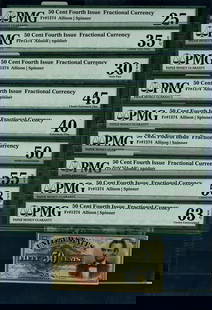 PMG Graded VF25 50c 4th Issue Fractional Note Set 9pcs: PMG Graded VF25 50c 4th Issue Fractional Note Set 9pcs This is a 50 cent fractional note from the 4th issue, graded VF25-CU63 by PMG. The note is circulated and showcases a rich history as part of
