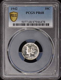 1942 PCGS PR68 Mercury Dime Uncirculated Philadelphia Proof Coin: 1942 PCGS PR68 Mercury Dime Uncirculated Philadelphia Proof Coin This 1942 Mercury Dime is a stunning example, certified by PCGS with a grade of PR68, indicating its exceptional quality. Struck in