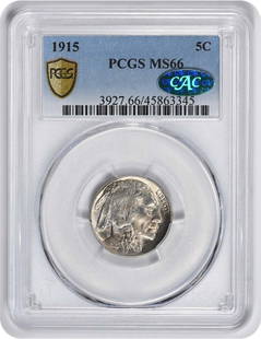 1915 Buffalo Nickel MS66 PCGS CAC Uncirculated Coin: 1915 Buffalo Nickel MS66 PCGS CAC Uncirculated Coin This 1915 Buffalo Nickel, graded MS66 by PCGS and certified by CAC, showcases exceptional quality and detail. It is an uncirculated coin from the