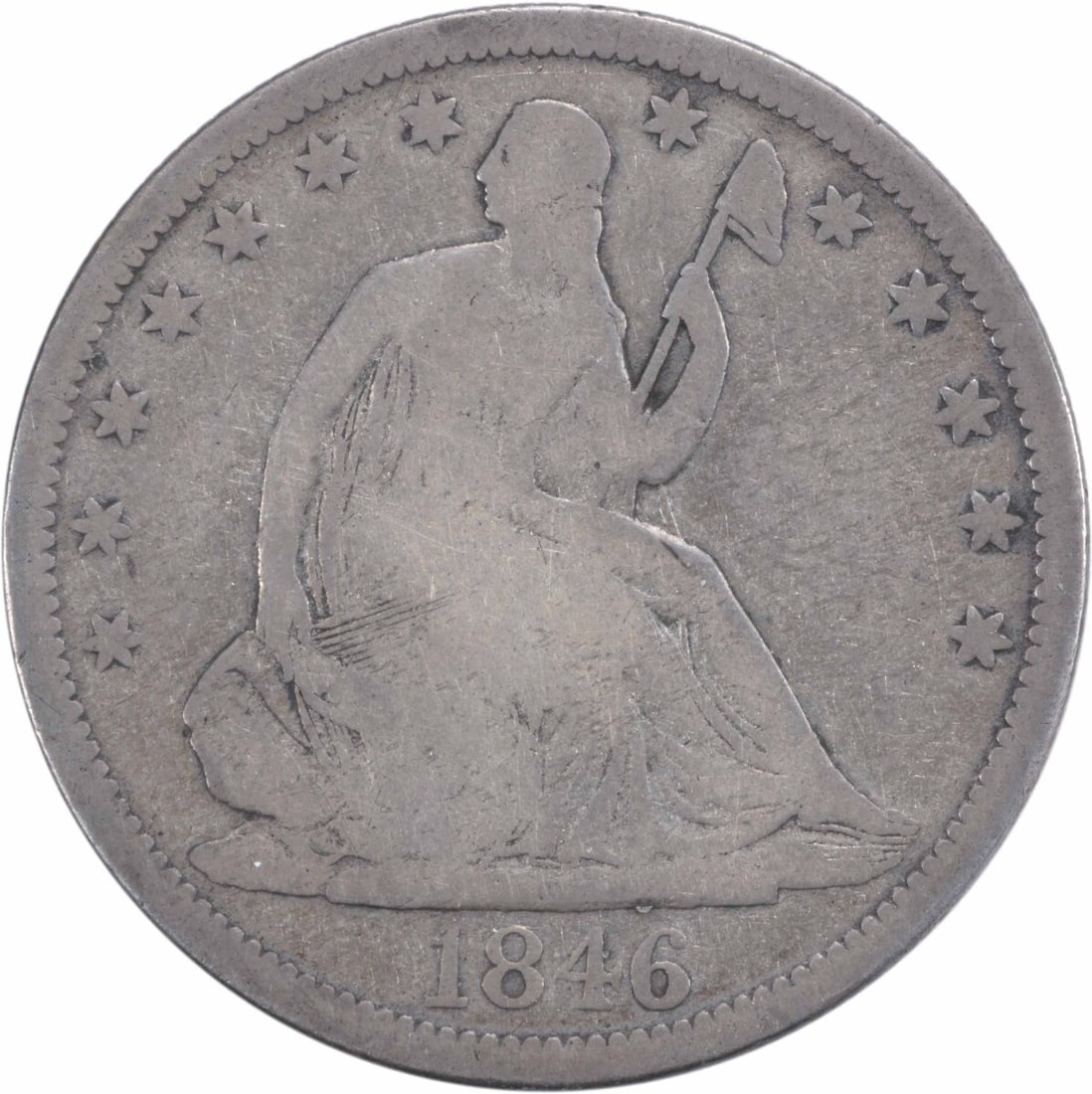 1846-O Liberty Seated Half Dollar Tall Date 50C Uncertified: 1846-O Liberty Seated Half Dollar Tall Date 50C Uncertified Discover this 1846-O Liberty Seated Half Dollar featuring the tall date design. This coin showcases the artistry of designers Thomas Sully a