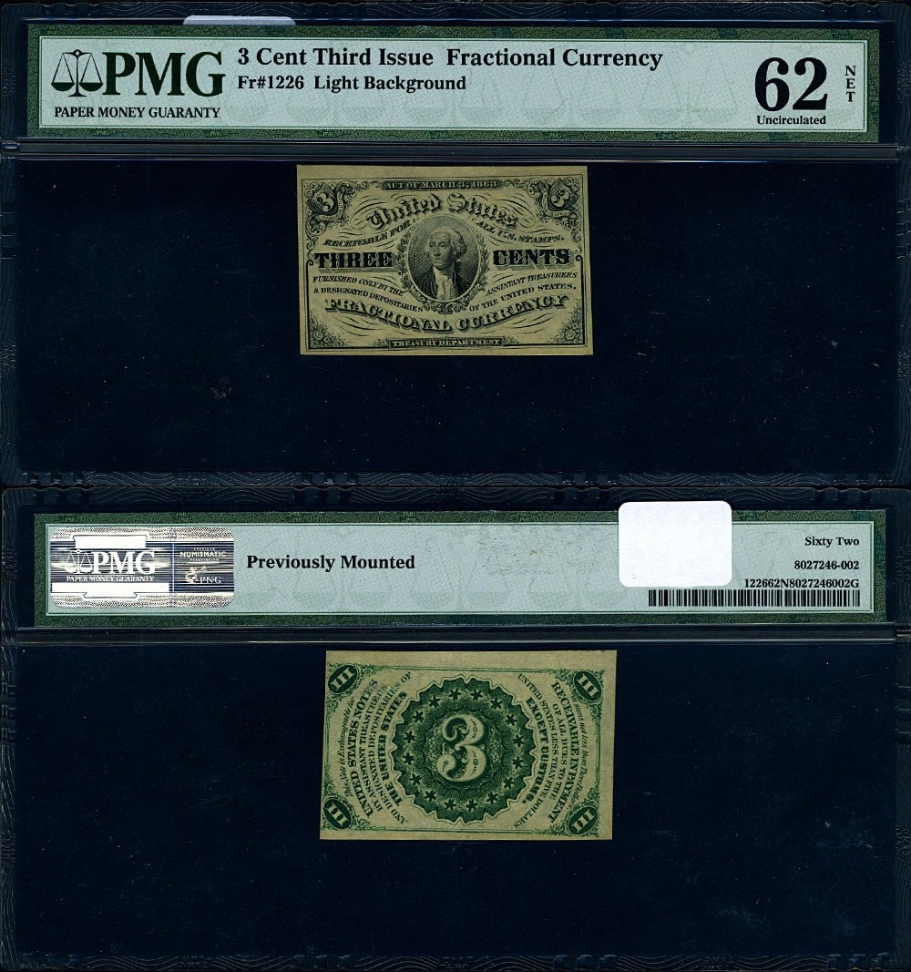 3 Cent 3rd Issue Fractional Note PMG CU62 NET Light Background: 3 Cent 3rd Issue Fractional Note PMG CU62 NET Light Background This is a 3-cent fractional note from the 3rd issue, graded CU62 NET by PMG. It features a light background and is classified as uncircul