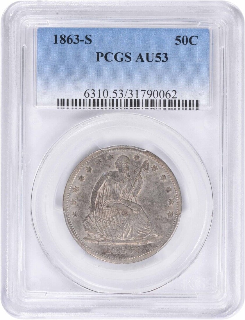 1863-S Liberty Seated Half Dollar AU53 PCGS Certified Silver Coin: 1863-S Liberty Seated Half Dollar AU53 PCGS Certified Silver Coin This 1863-S Liberty Seated Silver Half Dollar, certified as AU53 by PCGS, showcases the classic design by Thomas Sully and Christian G