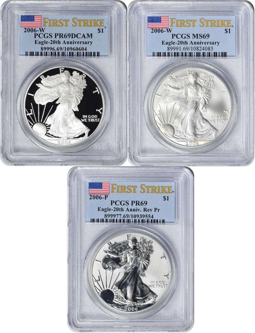 2006 $1 American Silver Eagle 20th Anniversary Set PCGS MS69 PR69: 2006 $1 American Silver Eagle 20th Anniversary Set PCGS MS69 PR69 Celebrate the 20th anniversary of the American Silver Eagle with this exceptional 2006 $1 American Silver Eagle 20th Anniversary Set.