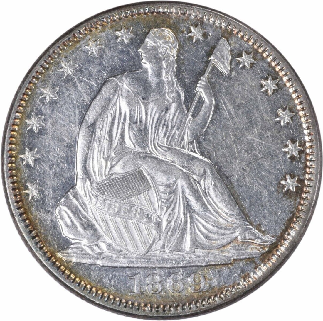 1869 Liberty Seated Half Dollar AU Uncertified Silver 50C Coin: 1869 Liberty Seated Half Dollar AU Uncertified Silver 50C Coin This 1869 Liberty Seated Silver Half Dollar features a stunning design by Thomas Sully and Christian Gobrecht, showcasing the iconic Seat