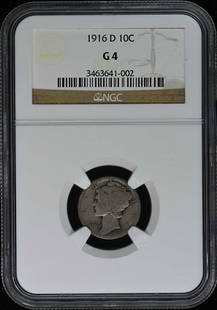 1916-D Mercury Dime 10C NGC G4 Certified Denver Coin: 1916-D Mercury Dime 10C NGC G4 Certified Denver Coin This 1916-D Mercury Dime is graded G4 by NGC, showcasing its circulated condition. Minted in Denver, this coin is a classic representation of the