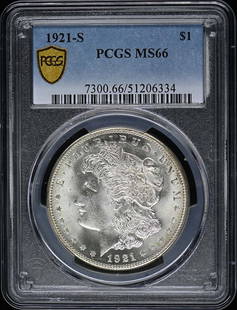 1921-S Morgan Dollar PCGS MS66 Uncirculated San Francisco Coin: 1921-S Morgan Dollar PCGS MS66 Uncirculated San Francisco Coin This 1921-S Morgan Dollar, certified by PCGS with a grade of MS66, is a remarkable example of this iconic coin. Struck in San