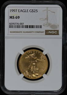 1997 Eagle G$25 Coin NGC MS69 Certification #8295776007: 1997 Eagle G$25 Coin NGC MS69 Certification #8295776007 This 1997 Eagle G$25 coin is certified by NGC with a remarkable grade of MS69, indicating its excellent condition and quality. The