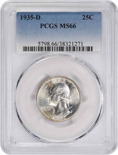 1935-D Washington Quarter MS66 Graded by PCGS 90% Silver: 1935-D Washington Quarter MS66 Graded by PCGS 90% Silver This 1935-D Washington Quarter, graded MS66 by PCGS, is a stunning example of numismatic excellence. Struck in Denver, this uncirculated coin