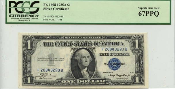 1935A $1 Silver Certificate FR#1608 PCGS MS67 Uncirculated Gem: 1935A $1 Silver Certificate FR#1608 PCGS MS67 Uncirculated Gem This 1935A $1 Silver Certificate, designated FR#1608, is a remarkable piece of currency history. Certified by PCGS Currency with a