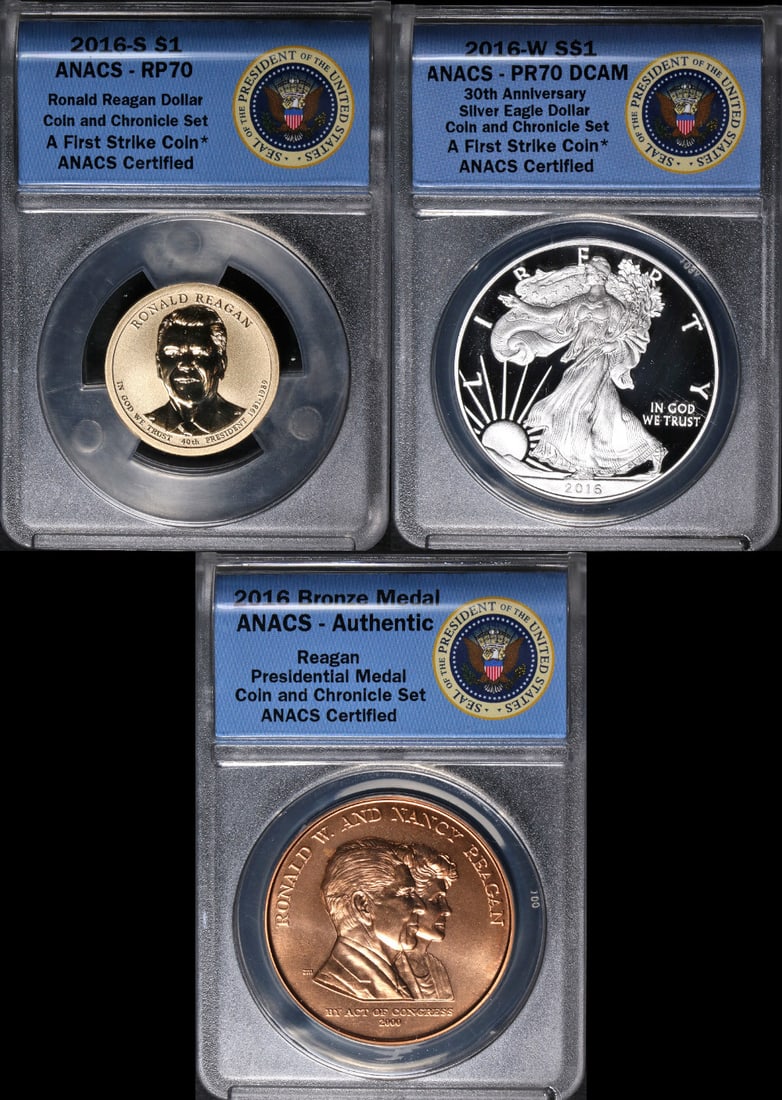 2016 Ronald Reagan Coin Chronicles Silver 3 Coin Set ANACS PR70 Uncirculated: 2016 Ronald Reagan Coin Chronicles Silver 3 Coin Set ANACS PR70 Uncirculated This 2016 Ronald Reagan Coin Chronicles 3 Coin Set features exquisite collectibles certified by ANACS with a grade of PR70.