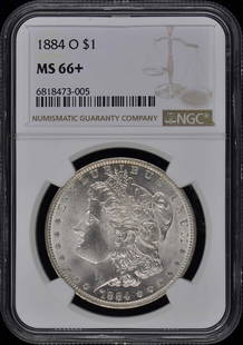 1884-O Morgan Dollar NGC MS66+ Uncirculated New Orleans Coin: 1884-O Morgan Dollar NGC MS66+ Uncirculated New Orleans Coin This stunning 1884-O Morgan Dollar features a remarkable MS66+ grade, certified by NGC, highlighting its excellent condition and