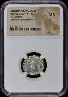 Pacorus AR Drachm AD 78-120 NGC MS60 Certified Ancient Coin: Pacorus AR Drachm AD 78-120 NGC MS60 Certified Ancient Coin This stunning silver drachm from the Parthian Kingdom features the reign of King Pacorus, dated around AD 78-120. Graded by NGC as MS60,