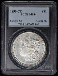 1890-CC Morgan Dollar PCGS MS64 Uncirculated Coin: 1890-CC Morgan Dollar PCGS MS64 Uncirculated Coin This 1890-CC Morgan Dollar features a stunning uncirculated grade of MS64, certified by PCGS. Struck at the Carson City mint, this coin represents a