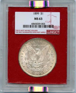 1899 Morgan Dollar NGC MS63 Uncirculated Philadelphia Coin: 1899 Morgan Dollar NGC MS63 Uncirculated Philadelphia Coin This 1899 Morgan Dollar, graded MS63 by NGC, is a stunning representation of American coinage. Struck in Philadelphia, this uncirculated