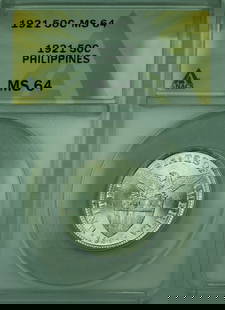 1921 Philippines 50C Silver Coin ANACS MS-64 KM#171 Uncirculated: 1921 Philippines 50C Silver Coin ANACS MS-64 KM#171 Uncirculated This 1921 50 Centavos silver coin from the Philippines is certified by ANACS with a grade of MS-64, indicating its uncirculated
