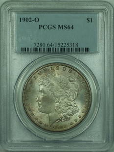 1902-O Morgan Silver Dollar S$1 PCGS MS-64 Toned Uncirculated: 1902-O Morgan Silver Dollar S$1 PCGS MS-64 Toned Uncirculated This 1902-O Morgan Silver Dollar is a stunning piece of numismatic history, certified by PCGS and graded MS-64. Struck in silver at the