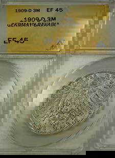1909-D Bavaria Three Marks Silver Coin ANACS EF-45: 1909-D Bavaria Three Marks Silver Coin ANACS EF-45 This 1909-D Germany Bavaria Three Marks Silver Coin is a remarkable piece, graded EF-45 by ANACS. The coin features a silver composition and is