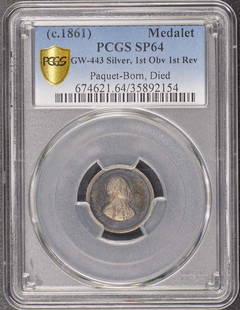 1861 Paquet Medalet Silver Coin PCGS PR64 Certified: 1861 Paquet Medalet Silver Coin PCGS PR64 Certified This exceptional 1861 Paquet Medalet is graded as PR64 by PCGS, showcasing its stunning uncirculated condition. The coin features a rich history,