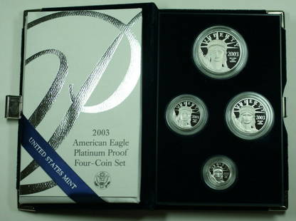 2003 American Eagle Platinum Proof 4 Coin Set with COA: 2003 American Eagle Platinum Proof 4 Coin Set with COA This stunning 2003 American Eagle Platinum Proof 4 Coin Set comes beautifully presented in its original box, complete with a Certificate of